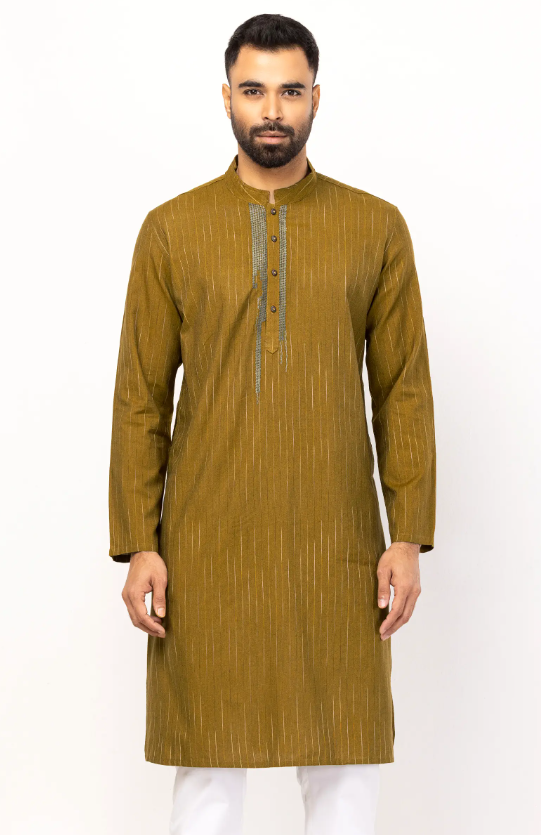 New style Olive Mustard Striped and Embroidered Mixed Cotton Panjabi - Image 3